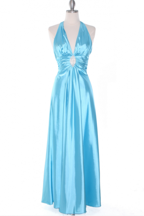 2015 Prom Dresses And Evening Dress Of Bridesmaid Dresses Blue Satin Halter Evening Gown