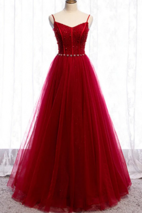 Prom Dresses Spaghetti Straps Tulle Beading Floor Length Prom Dress