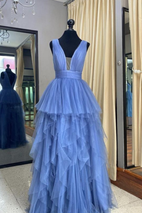 Simple Blue Tulle V Neck Long A Line Prom Dress, Halter Evening Dress