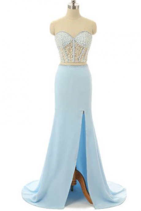 Light Blue Sweetheart Beaded Corset Two-piece Mermaid Long Prom Dress, Evening Dress Featuring Side Slit