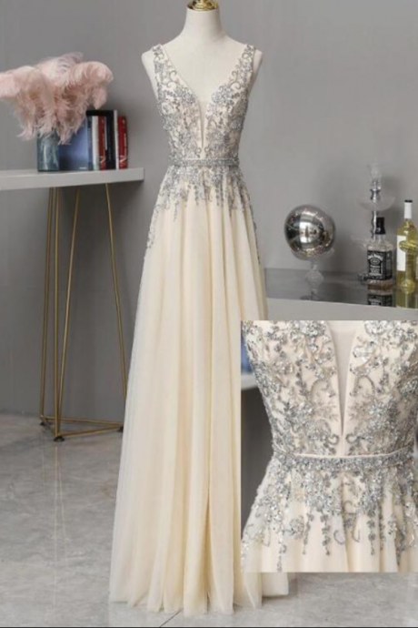 Light Champagne V-neckline Beaded and Lace Long New Prom Dress, A-line Tulle V back Party Dress