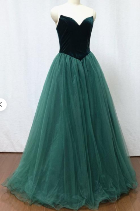 Ball Gown Dark Green Velvet Tulle Long Prom Dress with Detachable Off-the-Shoulder Sleeves
