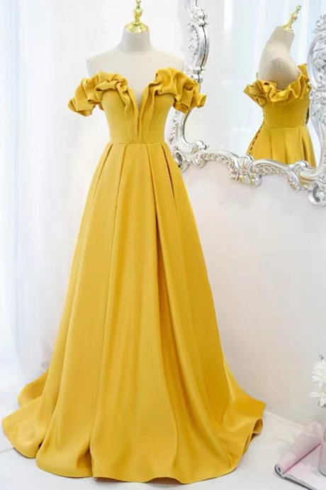 Prom Dresses Long yellow prom dress, off shoulder fashionable temperament party dress,custom made