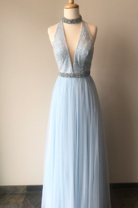 Elegant A-line High Neck Sleeveless Sky Blue Tulle Long Prom/evening Dress With Beading