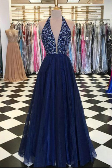 Navy Blue Elastic Satin Prom Dresses with Sequins Beaded 2018 Elegant Prom Gowns