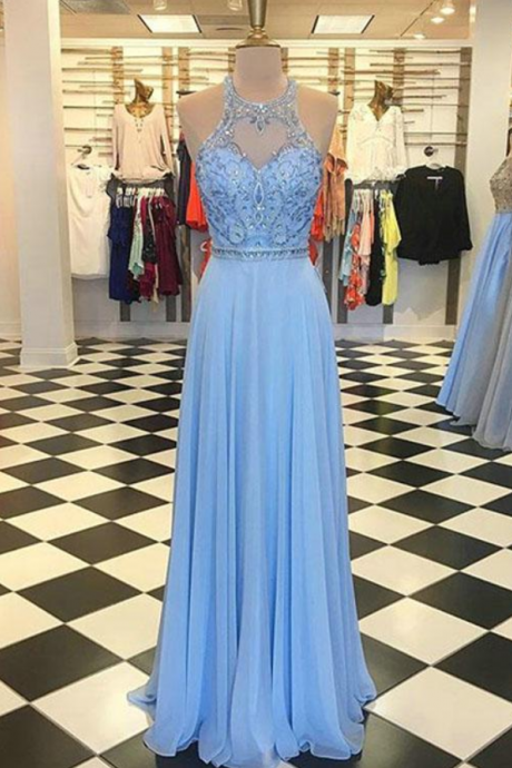 Light Blue Chiffon A Line Prom Dresses With Halter Neckline Beaded Long Prom Gowns
