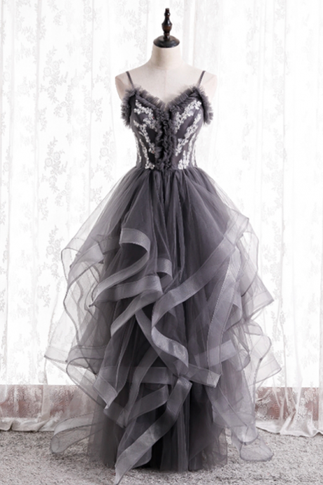 Gray Tulle Lace Long Ball Gown Dress Formal Dress