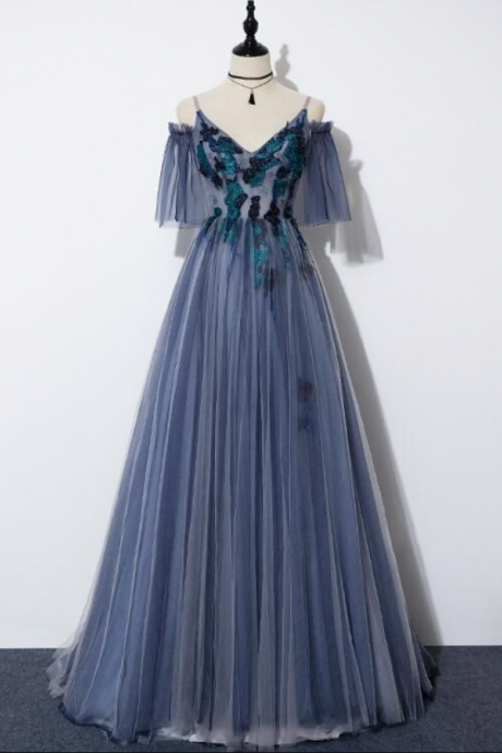 Blue Tulle Straps V-neckline Long Formal Dress, Long Party Dress