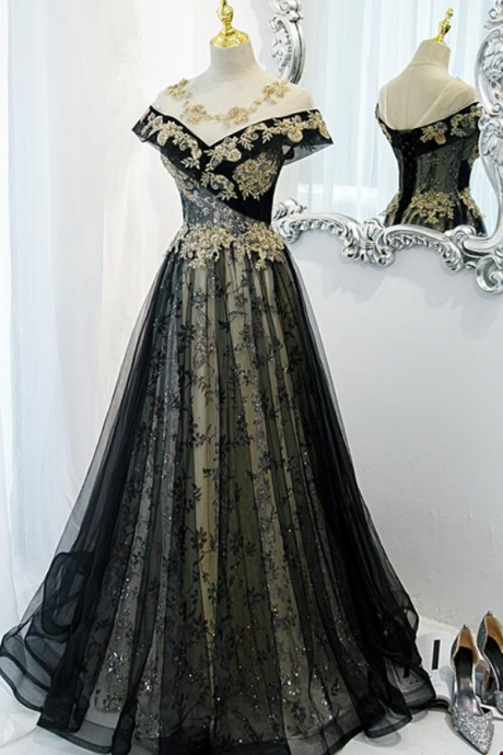 Black Off Shoulder A-line Party Dress With Gold Lace, Black Evening Dresses Prom Dress
