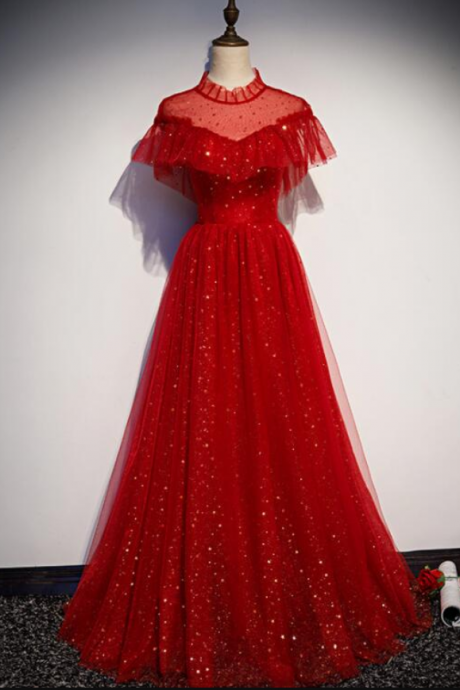 Beautiful Red Sequins Tulle High Neckline Long Shiny Prom Dress, Red Wedding Party Dress