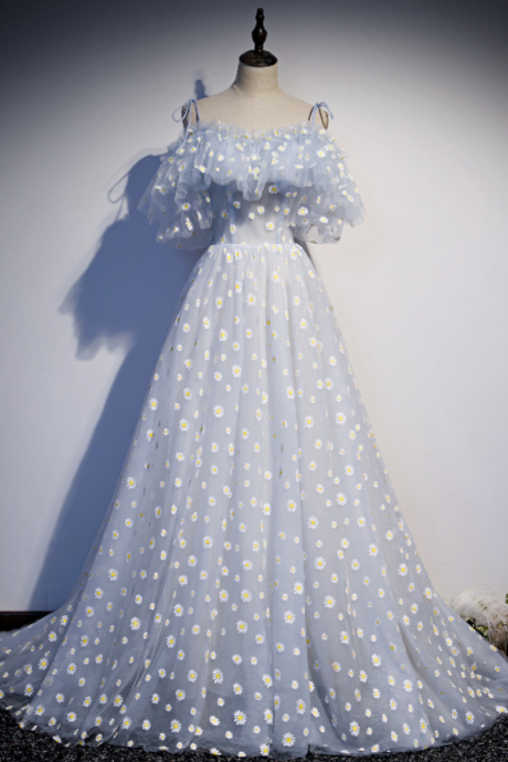 Beautiful Blue Tulle Straps Flowers Long Formal Dress, Blue Prom Dress Evening Dress
