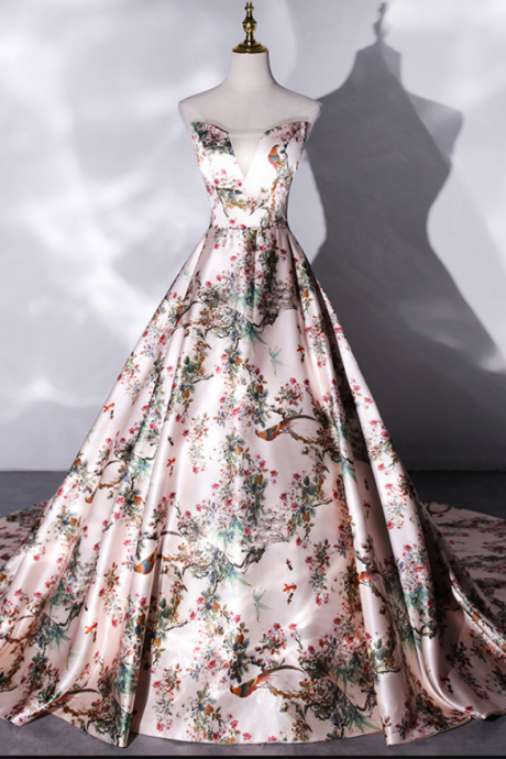 Beautiful Floral Satin Ball Gown V-neckline Long Formal Dress, Pink Long Evening Dress Prom Dress