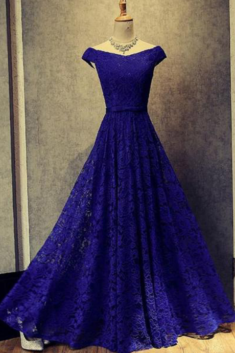 Glamorous A-line Off-the-shoulder Royal Blue Lace Long Prom Dress