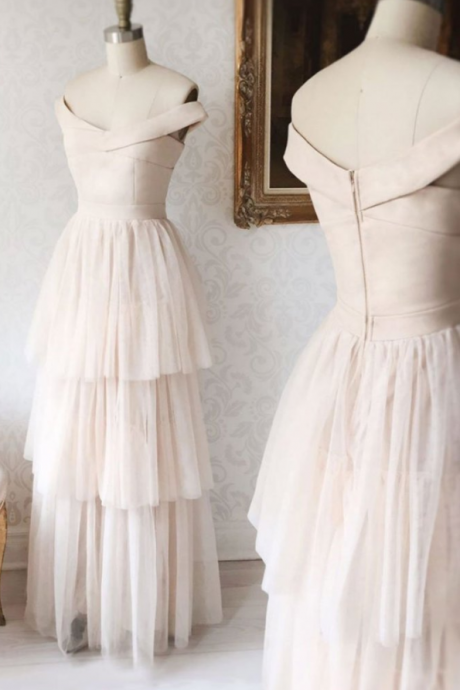 Simple Ivory Tulle V Neck Off Shoulder Long Prom Gown, Long Evening Dress