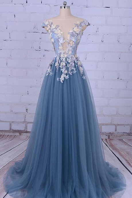 Sexy Sheer Dusty Blue Prom Dresses Illusion Back A Line Long Women Party Dresses Custom Made