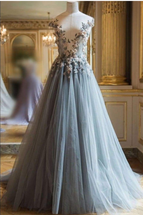 Beautiful Sheer Neck Long Tulle Prom Dress With Flowers A Line Cap Sleeves Party Dresses