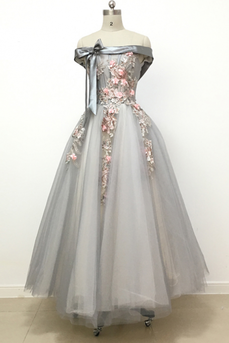 Light grey tulle off shoulder flower lace long prom dress, bowknot A-line bridesmaid dresses