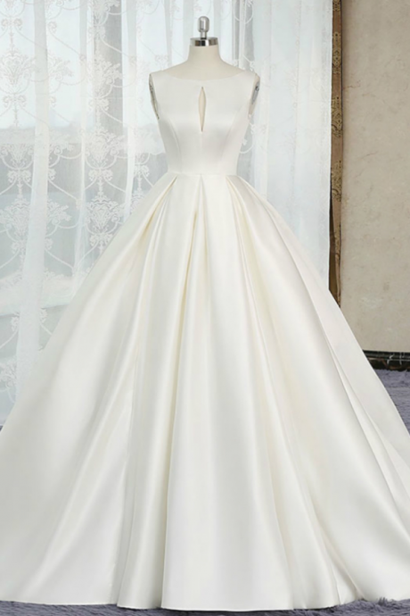 Ivory White Ball Gown Satin Cut Out Backless Wedding Dress,