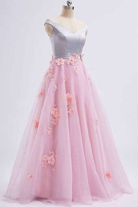 Pink tulle V neck ,long 3D lace appliqué ,spring prom dress, long graduation dress, Chic Long Prom Dresses ,2018 New Fashion