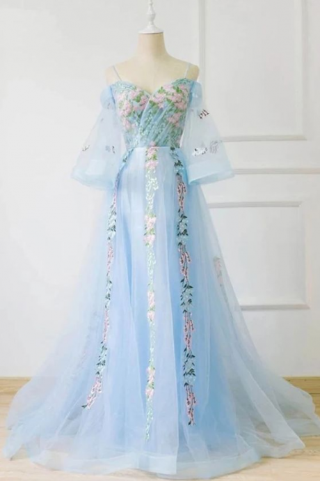 Light Blue Off the Shoulder Half Sleeve Prom Dresses