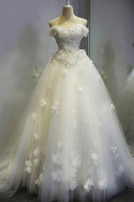 Off Shoulder White Tulle and Floral Lace Applique Off Shoulder Bridal Ball Gown