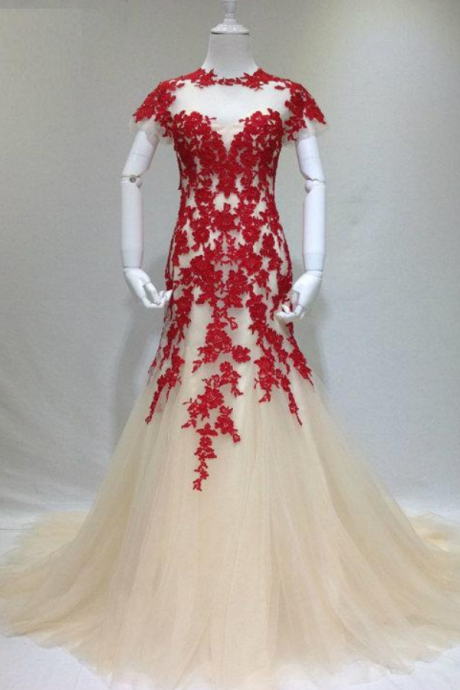 Elegant Light Champagne Tulle with Red Applique, Charming Formal Dress, Party Dress