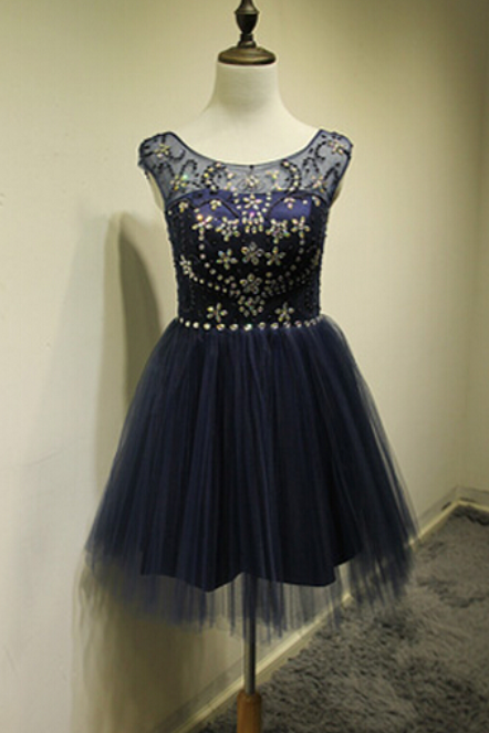 Cute Navy Blue Short Tulle Prom Dress with Beadings, Homecoming Dresses 2016, Short Prom Dresses