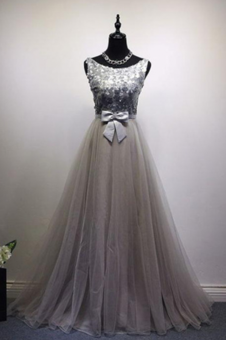 Gray Prom Dress,tulle Evening Dresses,o-neck Prom Dresses,appliques Prom Gown