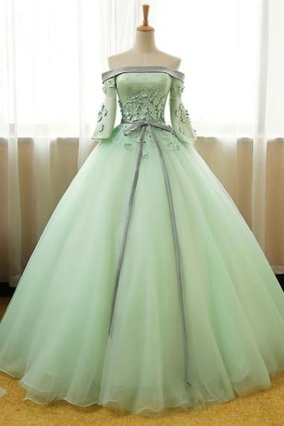 Mint Tulle Party Dress, A-line Evening Dress With Flower