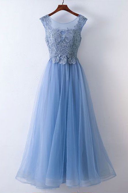 Elegant Iace Blue Floor Length Prom Dresses With Appliques,
