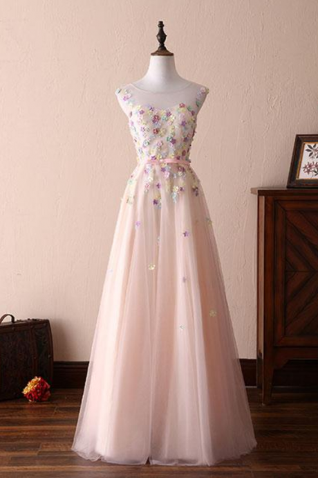 Cute Round Neck Flowers Long Prom Dress, Evening Dress