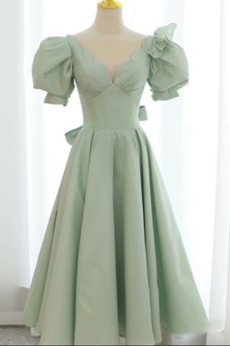 Vintage / Retro Sage Green A-line / Princess Scoop Neck Puffy Short Sleeve Homecoming Dress