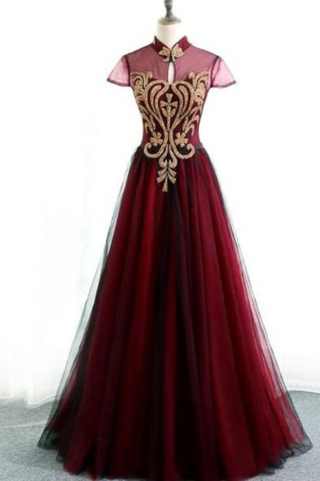 Charming Wine Red Cap Sleeves Long Tulle Evening Gown, Long Formal Dress