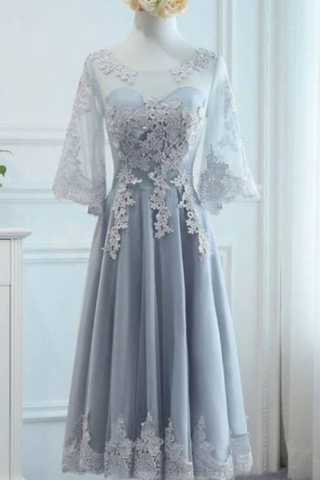 Lovely Tulle Grey Lace Party Dress With Lace, Short Formal Dress Prom Dress