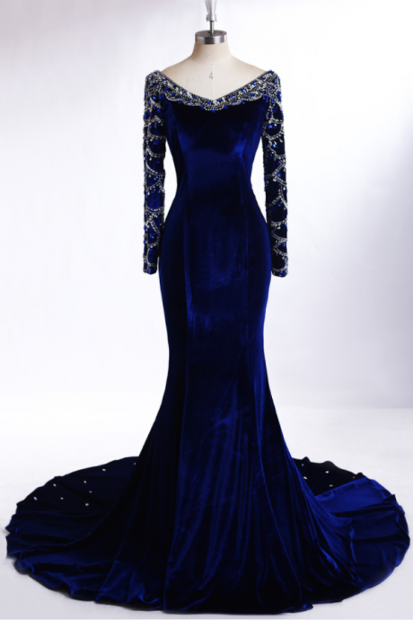 Prom Dresses, Royal Blue Prom Dresses, Long Sleeve Prom Dress, Mermaid Prom Dresses, Royal Blue Velvet Mermaid Evening Gown, Evening Dresses With