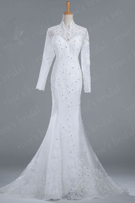 Detachable Memaid Lace Vintage Wedding Dress, High Neck Long Sleeve Wedding Gowns, Bridal Dresses, Elegant Bridal Gowns, Retro Wedding Dresses,