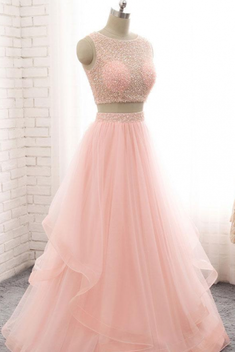 Charming Pink Two Piece Beaded Sequins Prom Dress,scoop Neck Sleeveless Floor Length Prom Dresses,2018 Homecoming Dresses