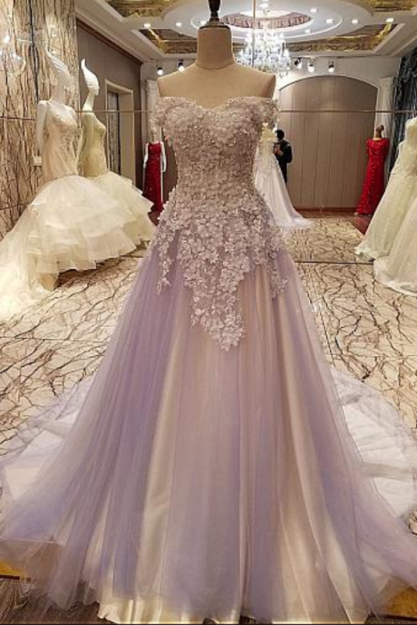 Charming Off Shoulder Prom Dress, Sexy Tulle Beaded Appliques Prom Dresses, Long Evening Dress, Formal Gown