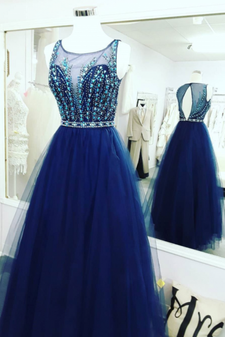 Royal Blue Tulle Prom Dress, Sexy Sleeveless Long Prom Dresses, 2018 Homecoming Dress