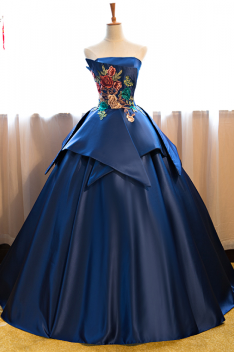 Royal Blue Floor Length Prom Dress Satin Wedding Gown Featuring Floral Embroidered Strapless Prom Dresses