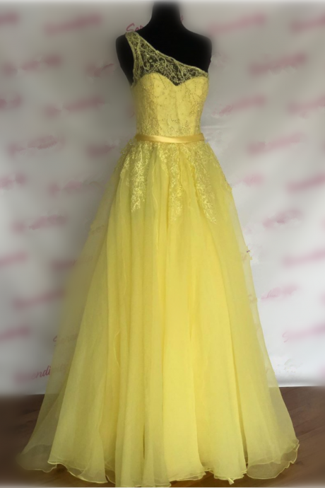 Yellow Prom Dress,A-Line Evening Dresses,Lace Prom Dresses,One-Shoulder Prom Gown