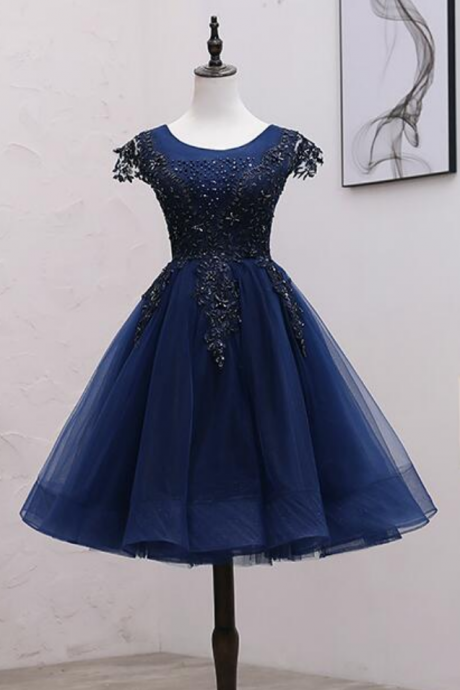 Homecoming Dresses Tulle Beaded Knee Length Cap Sleeves Prom Dress, Homecoming Dress