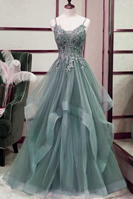 Prom Dresses Tulle Long Formal Dress, Straps A-line Prom Dress
