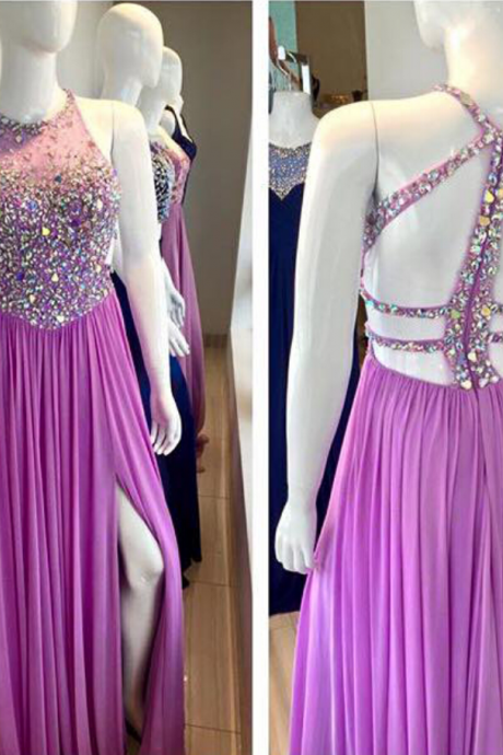Charming Prom Dress,Sexy Prom Dress,Backless Prom Dress,Beading Crystal Prom Dress,Slit Split Prom Dress