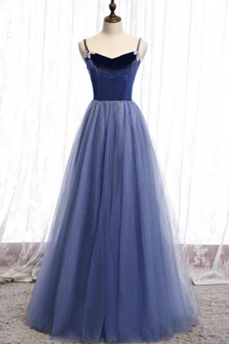 Blue Velvet Tulle Sweetheart Long A Line Prom Dress Graduation Dress