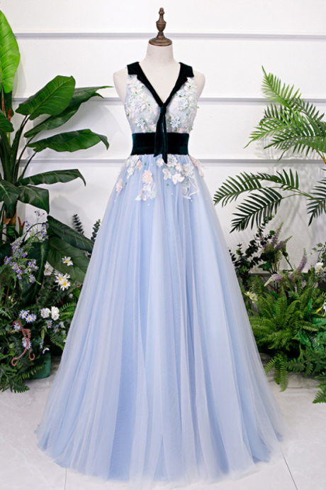 Spring And Summer Stage Performance Dress, Blue Evening Dress, V-neck Bouffant Dress,custom Made