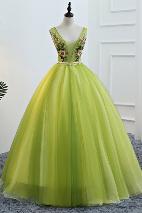 Fresh Green Tulle V Neck Long Lace Up Senior Prom Dress With Applique