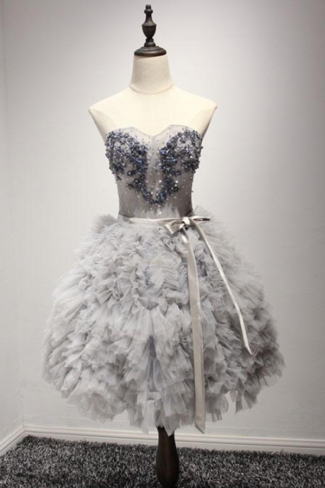 Gray Sweetheart Beading Homecoming Dress With Belt, Cute Strapless Short Prom Dress With Beads, Ruffle Graduation Dress