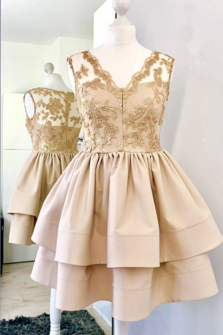 A-line V-neck Champagne Satin Short Homecoming Dress With Lace, Simple Short Graduation Dress, Two Layers Satin Party Dress