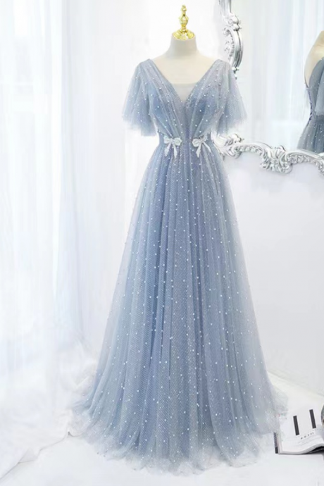 Romantic Evening Gown, Elegant Party Dress, V-neck Super Fairy Long Prom Gown,custom Made